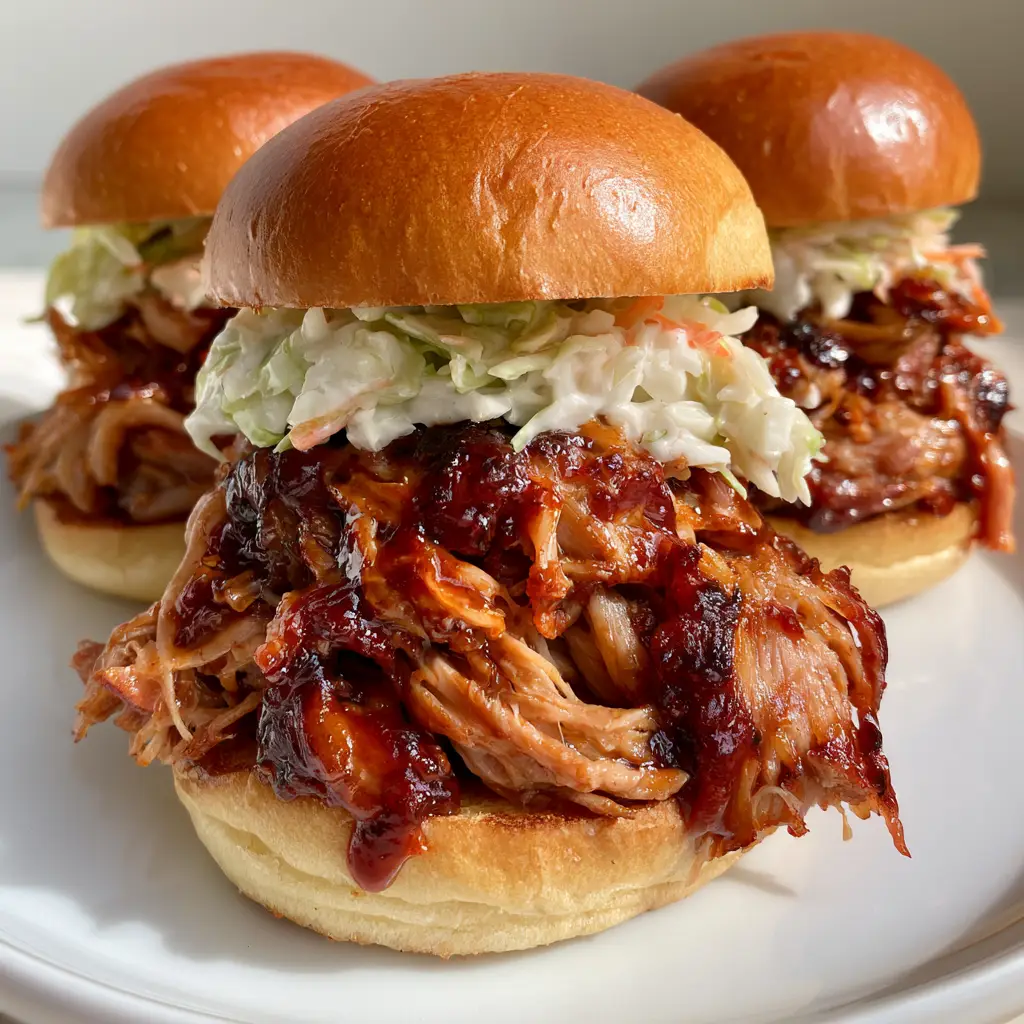 Crockpot BBQ Pulled Pork Sliders with Creamy Coleslaw 2 Close-up of shredded pork shoulder dripping in thick dark-red BBQ sauce on a toasted brioche bun. (Crockpot BBQ Pulled Pork)