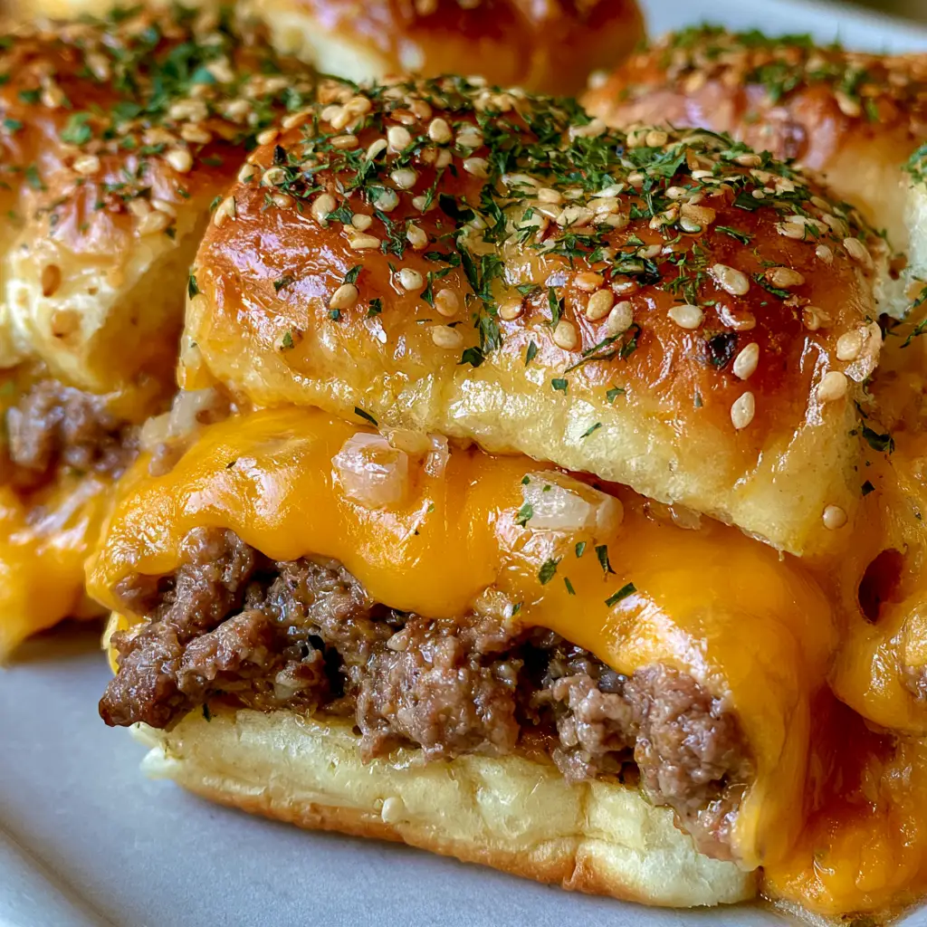 Hawaiian Roll Cheeseburger Sliders with Garlic Butter Glaze 2 A smartphone photo of a tray of sliders with golden brown tops, sesame seeds, and gooey melted cheddar. (Hawaiian Roll Cheeseburger Sliders)