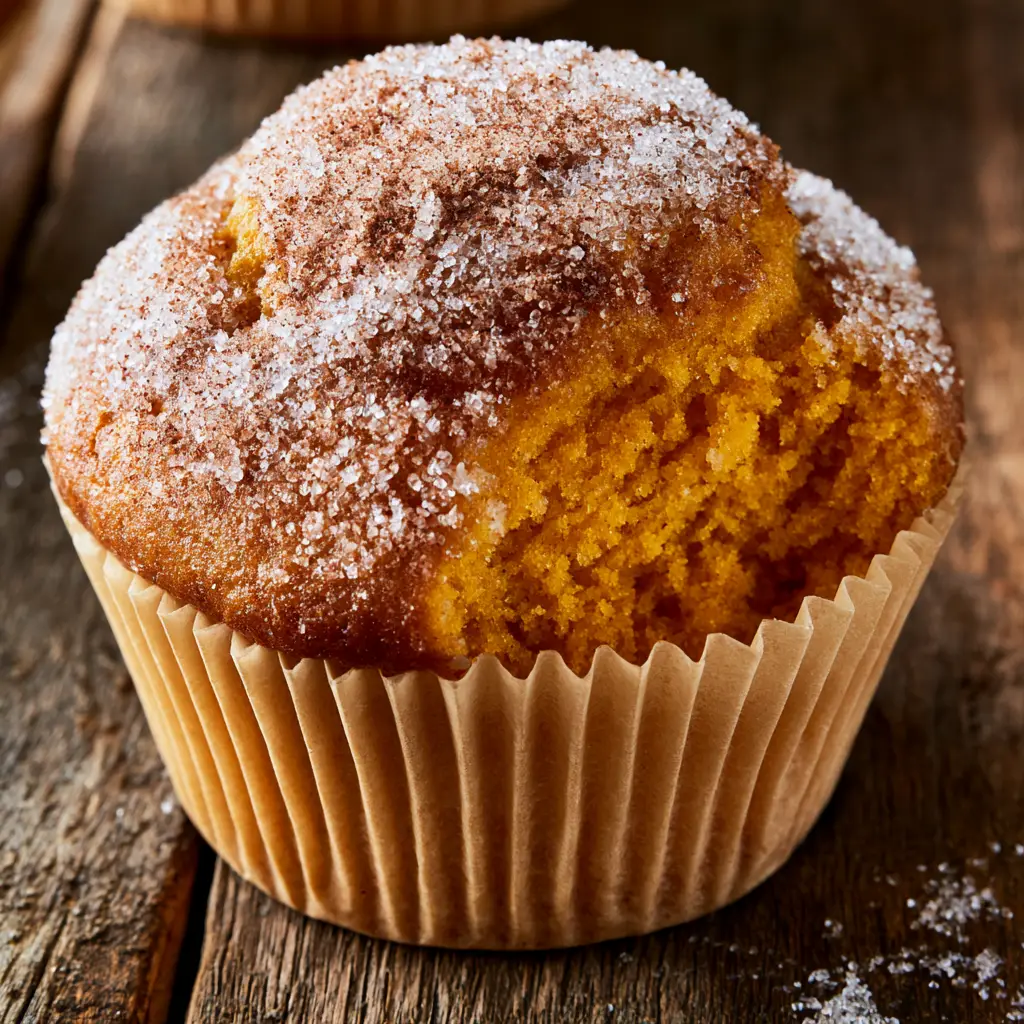 A Cinnamon Sugar Pumpkin Muffin showing the tan pleated paper liner and stray sugar crystals on a dark wood background.