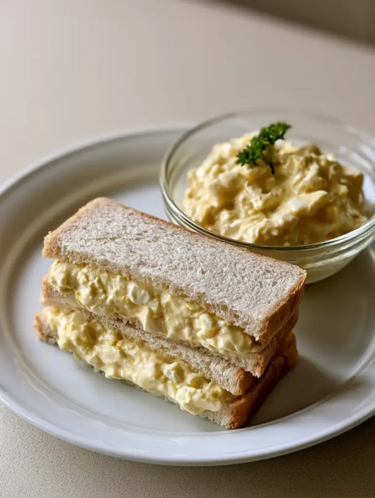 Southern Chicken Salad Recipe: The Ultimate Creamy Sandwich Filling 1 A glass bowl of creamy, whipped chicken salad garnished with a parsley sprig next to neatly stacked sandwiches. (Southern Chicken Salad Recipe)