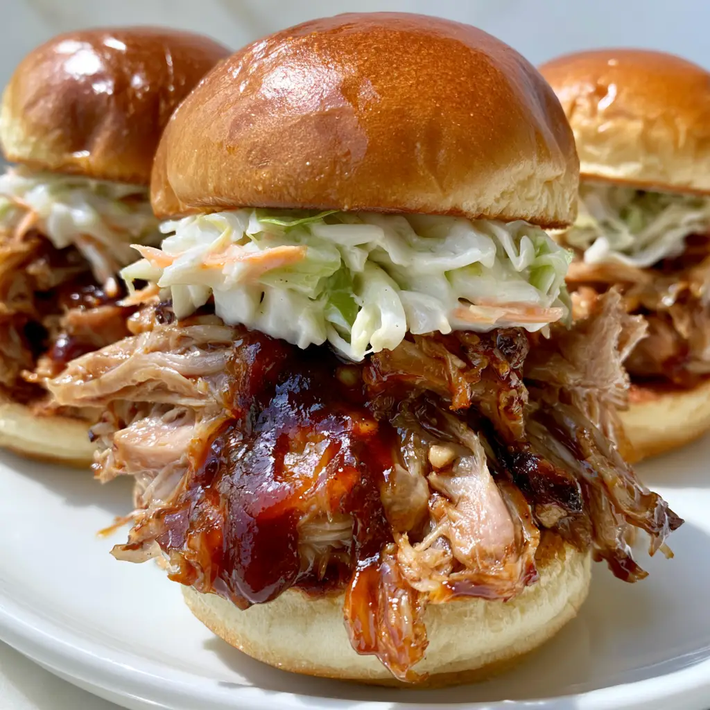 Crockpot BBQ Pulled Pork Sliders with Creamy Coleslaw 1 Handheld smartphone shot of BBQ pulled pork sliders with creamy white coleslaw and green cabbage.