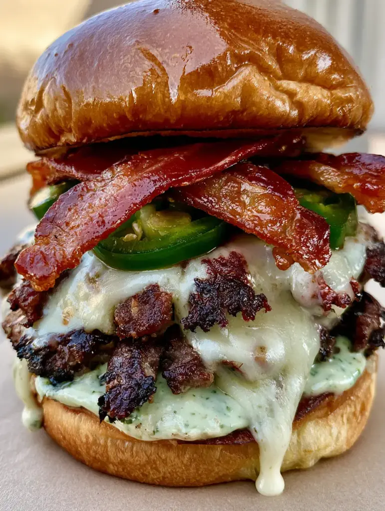 Jalapeño Popper Smash Burgers with Crispy Bacon 1 A glossy toasted brioche bun stacked with double smash patties, bacon, and creamy jalapeño mayo.