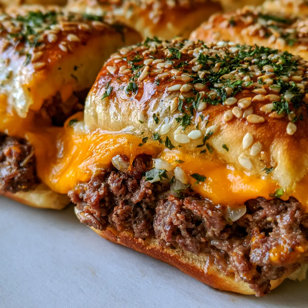 Hawaiian Roll Cheeseburger Sliders with Garlic Butter Glaze 1 Detailed view of the continuous beef slab and melted bright orange cheese inside Hawaiian Roll Cheeseburger Sliders.