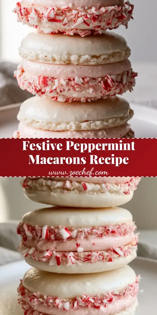 Peppermint Macarons: The Ultimate Recipe for Glossy Holiday Perfection 4 A vertical stack of three Peppermint Macarons with white shells, pink buttercream, and crushed candy cane shards on a white plate.