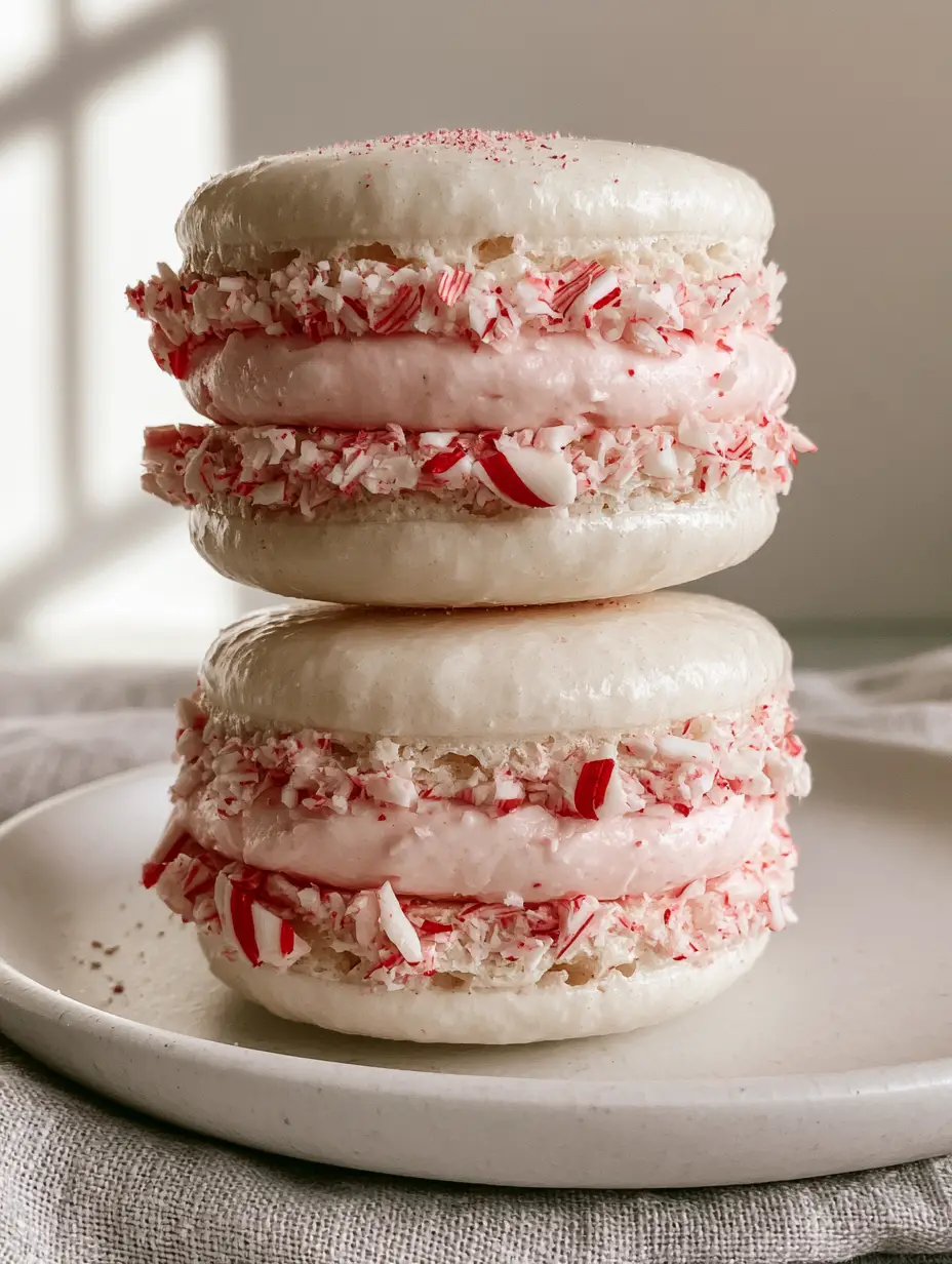 Peppermint Macarons: The Ultimate Recipe for Glossy Holiday Perfection 3 Close up of Peppermint Macarons showing the ruffled feet and pale pink buttercream filling coated in red and white shards.