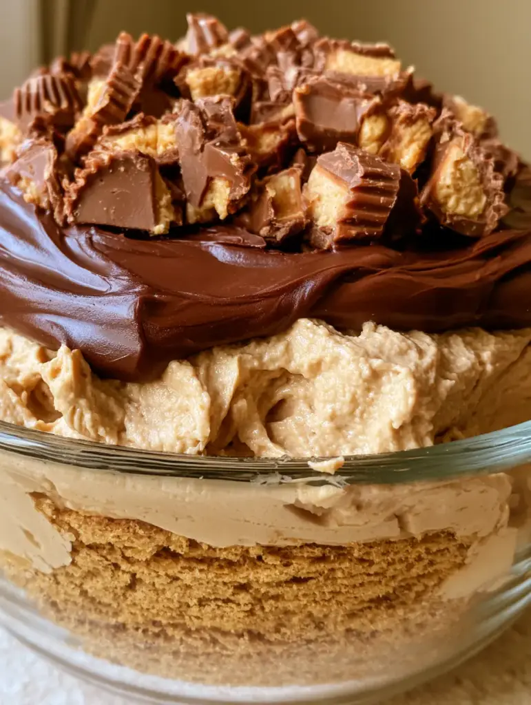 Top view of No-Bake Heaven In A Bowl with smooth glossy dark brown chocolate ganache and roughly chopped Reese's peanut butter cups.