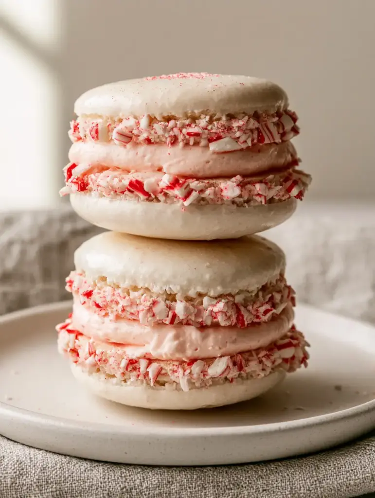 Peppermint Macarons: The Ultimate Recipe for Glossy Holiday Perfection 1 Handheld smartphone style photo of three Peppermint Macarons stacked on a linen napkin.