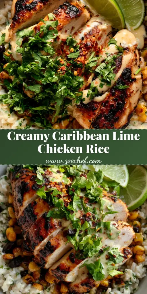 Caribbean Creamy Lime Chicken Rice with Seared Zesty Chicken 4 A top-down view of a Caribbean Creamy Lime Chicken Rice bowl featuring charred chicken slices, lime wedges, and cilantro.