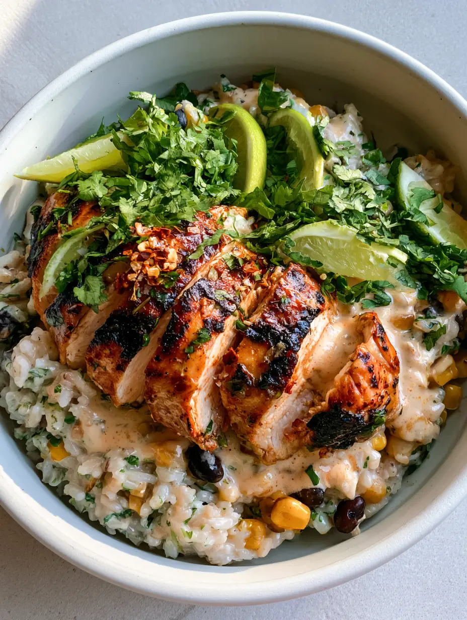 Caribbean Creamy Lime Chicken Rice with Seared Zesty Chicken 3 Close up of Caribbean Creamy Lime Chicken Rice in a white bowl showing visible char marks on chicken breast slices.