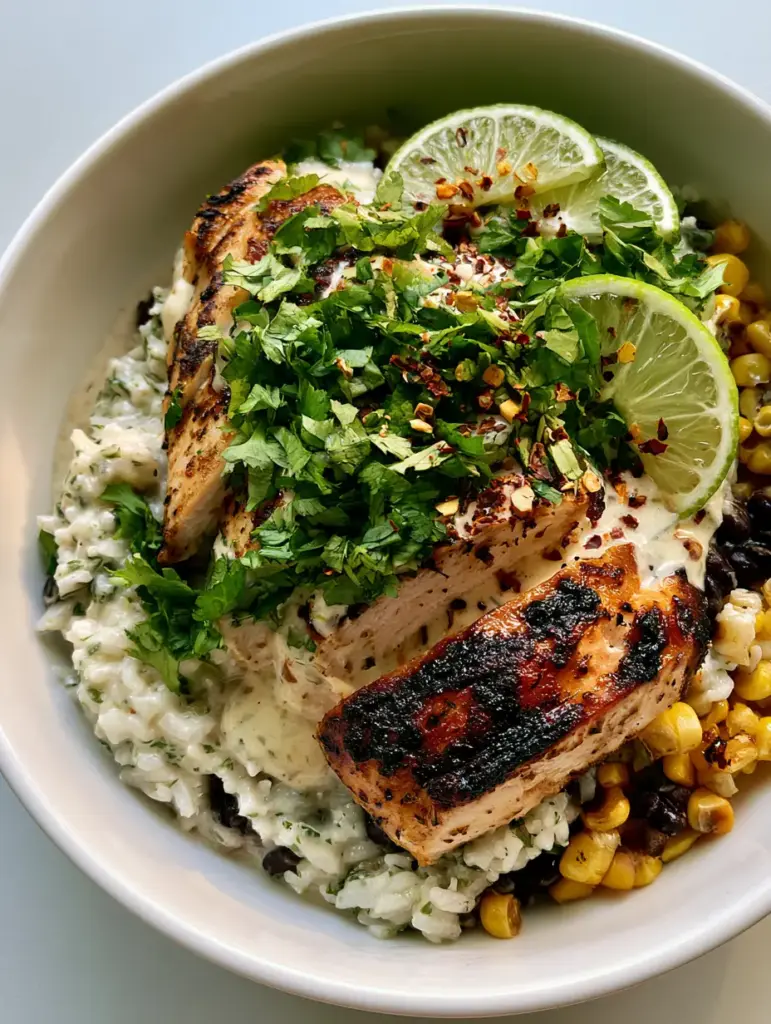 Caribbean Creamy Lime Chicken Rice with Seared Zesty Chicken 1 A ceramic bowl filled with creamy rice, black beans, corn, and sliced seared chicken topped with chili flakes.