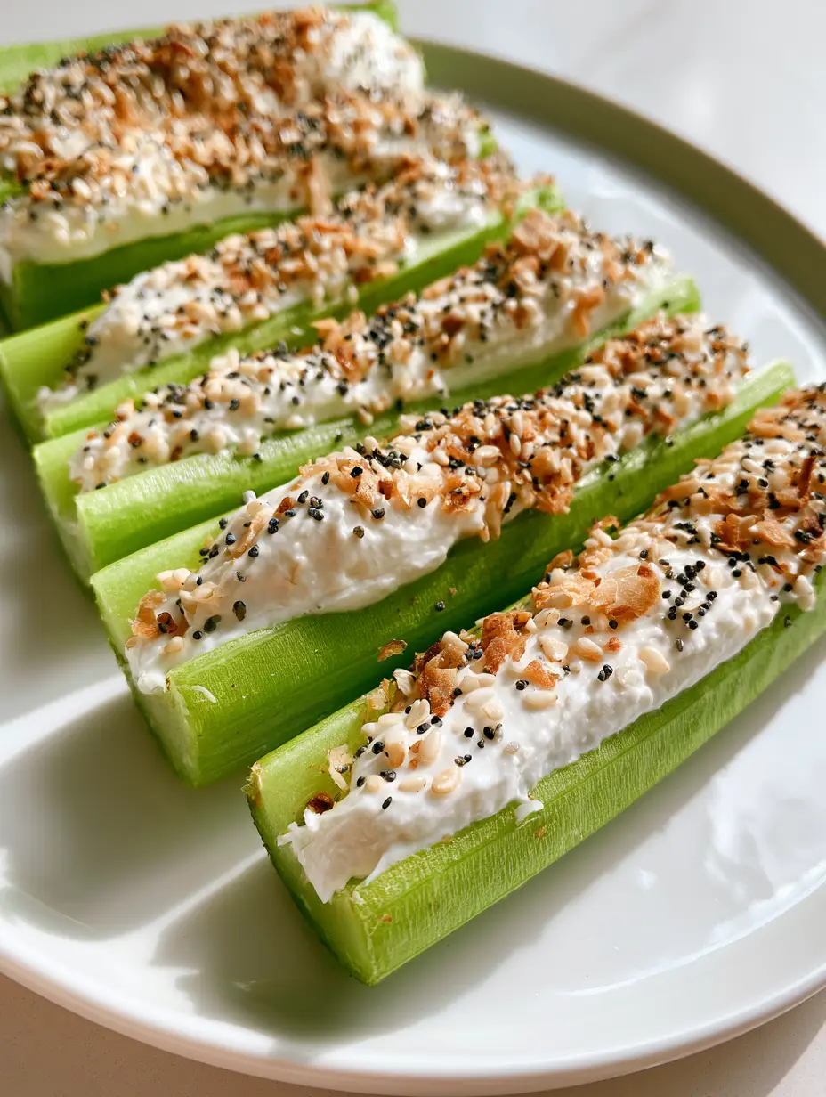 Stuffed Celery with Everything Seasoning and Creamy Filling 3 Close-up of fresh raw celery stalks filled to the brim with smooth cream cheese and garnished with sesame and poppy seeds.