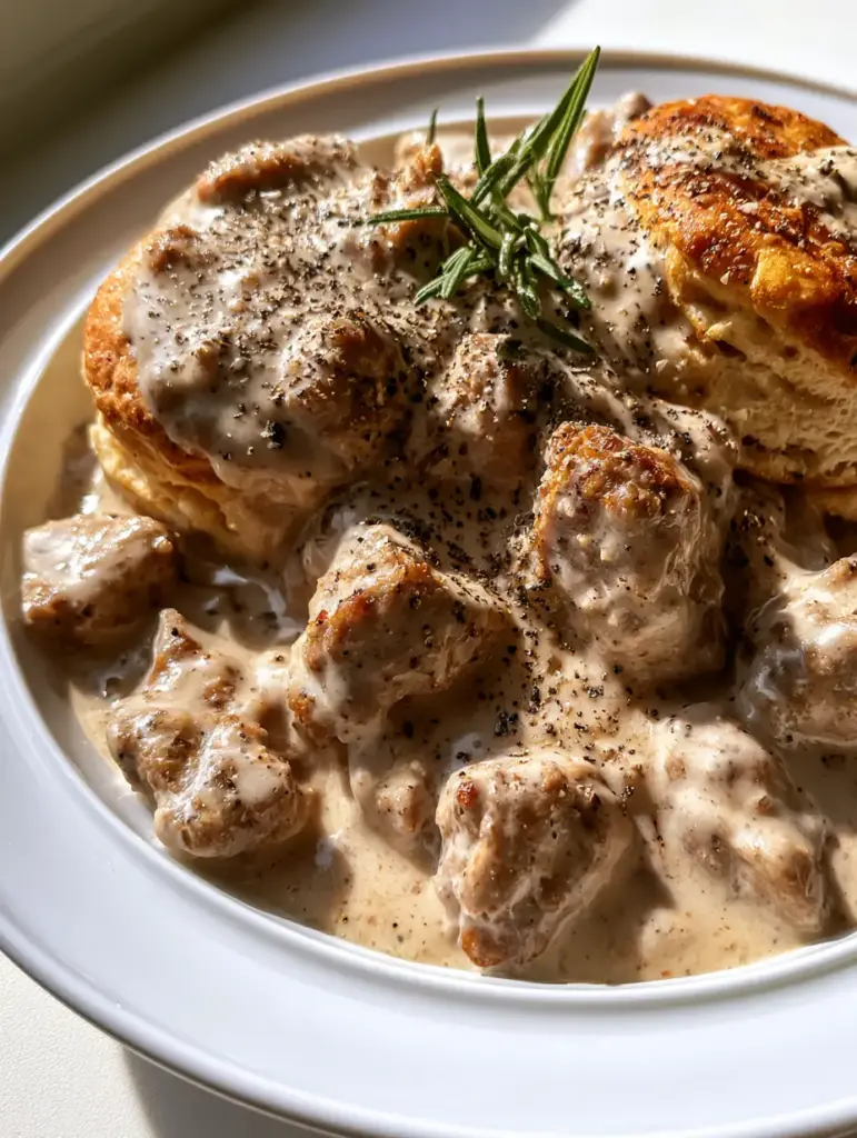 Close up of craggy chunks of browned pork sausage in a rich cream gravy for Sausage Gravy.