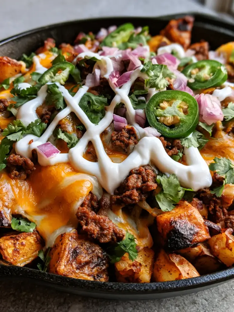 Cheesy Taco Potatoes: The Ultimate Crispy Skillet Dinner 1 Handheld photo of Cheesy Taco Potatoes garnished with fresh cilantro, jalapeno slices, and red onion on a grey stone background.