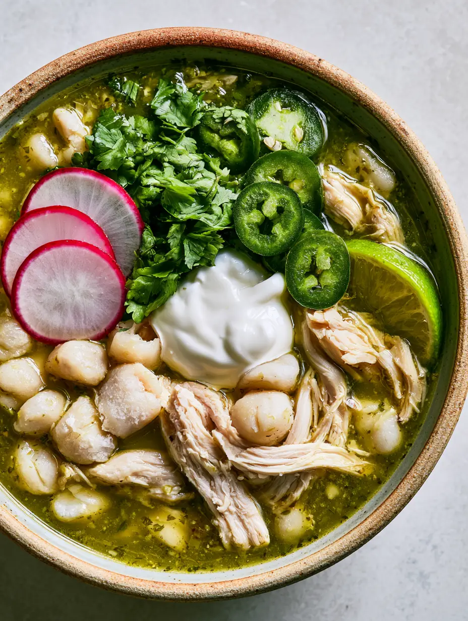 Chicken Pozole Verde: The Ultimate Vibrant and Zesty Mexican Stew 3 Overhead view of Chicken Pozole Verde showing translucent green broth and white hominy kernels.