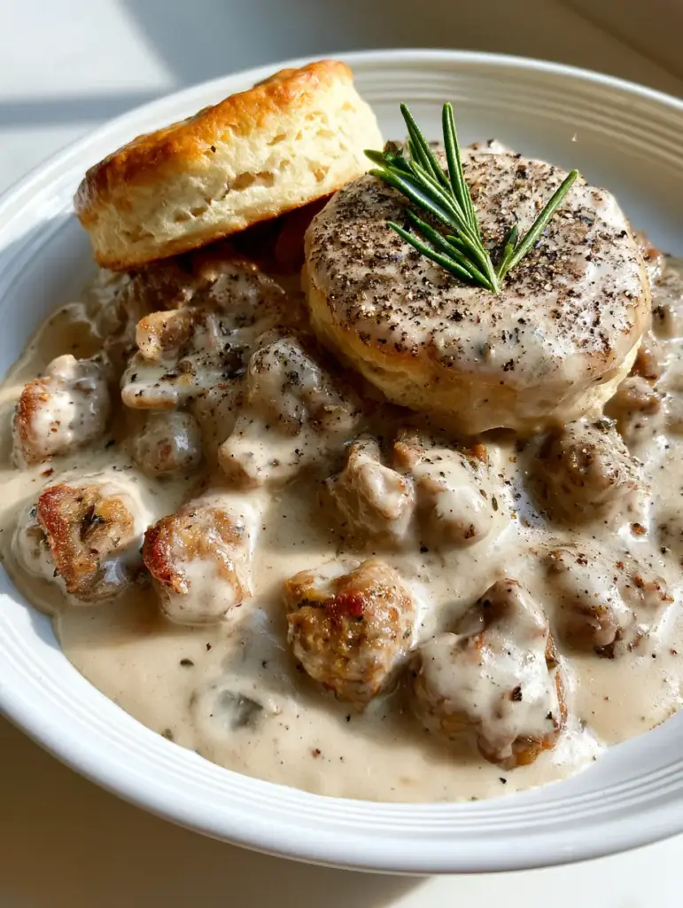Two split buttermilk biscuits topped with ivory cream Sausage Gravy and a rosemary sprig.