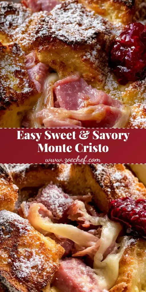 A close-up of Monte Cristo Breakfast Casserole in a white dish with golden brioche, melted Swiss cheese, powdered sugar, and a dollop of raspberry jam.