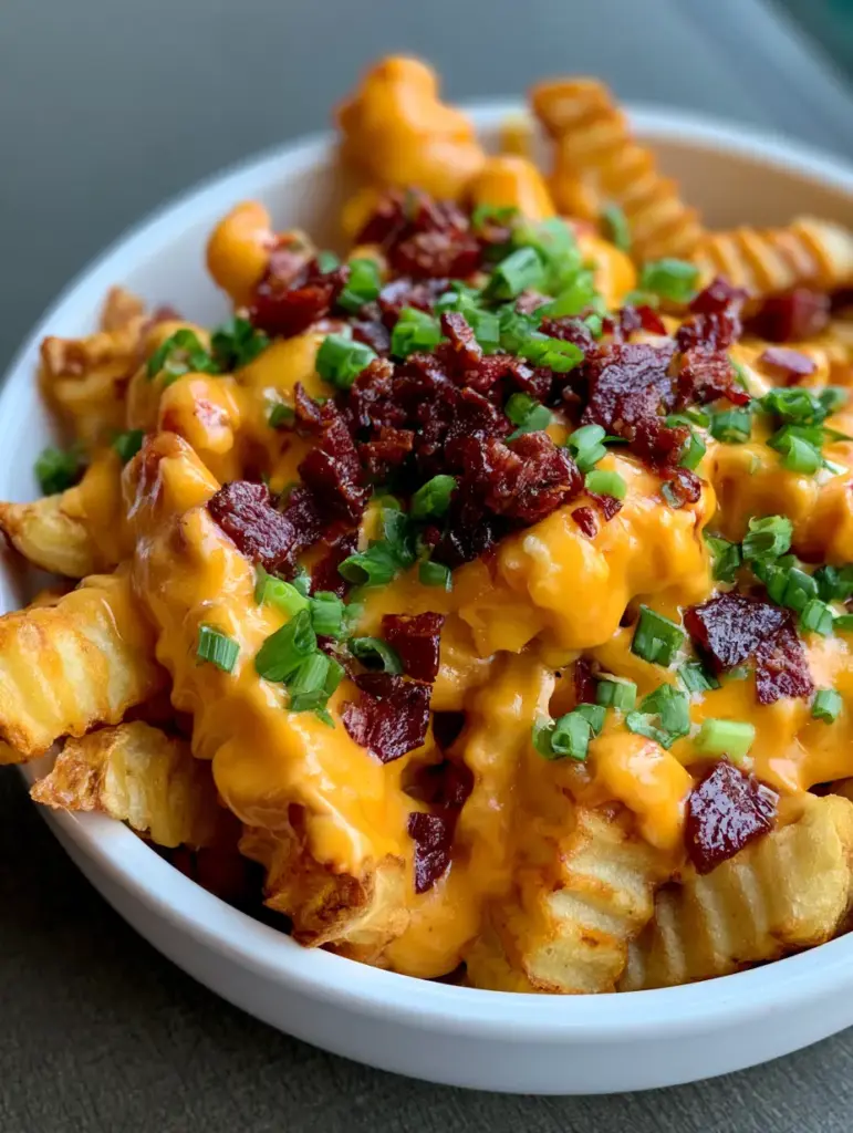 Close-up of golden crinkle-cut fries smothered in glossy orange cheese sauce and bacon. (Bacon Cheese Fries)