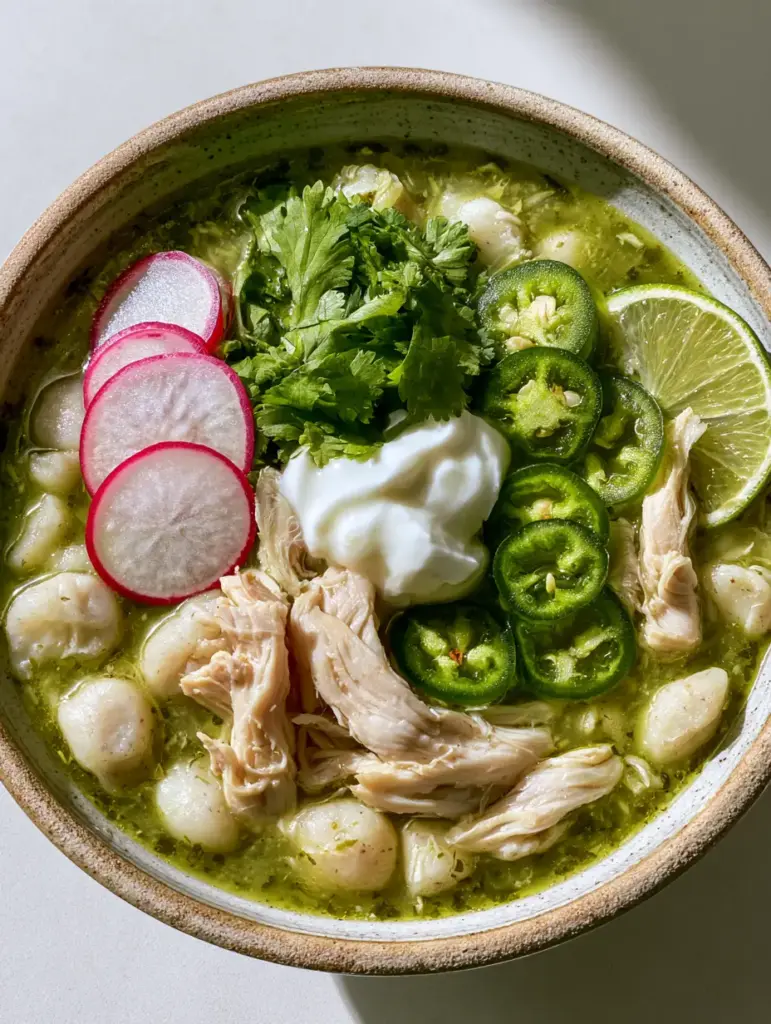 Chicken Pozole Verde: The Ultimate Vibrant and Zesty Mexican Stew 1 Close up of shredded chicken and radish slices in a bowl of Chicken Pozole Verde.