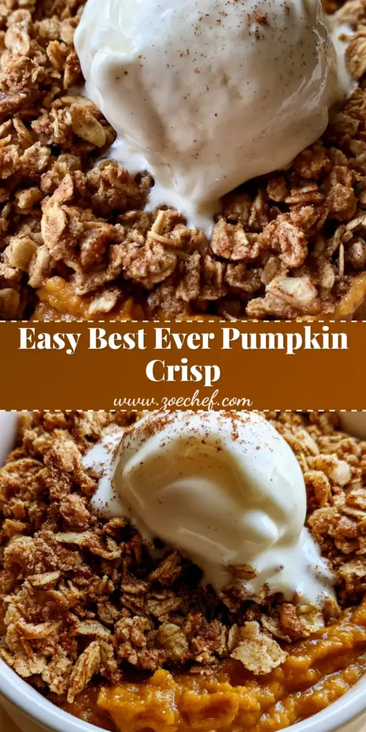 The Ultimate Pumpkin Crisp Recipe with Spiced Custard and Oat Streusel 3 A close-up of a warm Pumpkin Crisp Recipe in a white ceramic dish, topped with a thick oat crumble and melting vanilla ice cream with cinnamon specks.