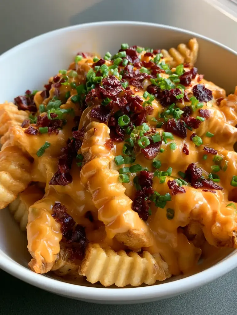 Bacon Cheese Fries: The Ultimate Loaded Crinkle-Cut Experience 1 Handheld smartphone photo of a white bowl of Bacon Cheese Fries with green scallions on a dark tabletop.