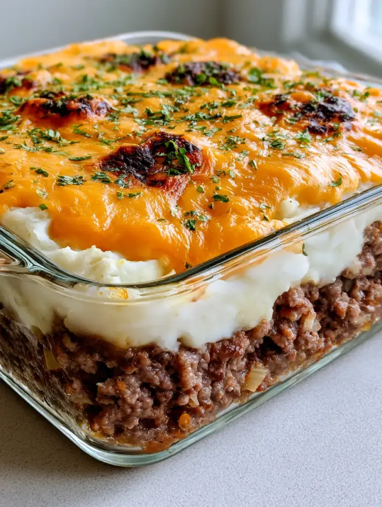 Close up of melted sharp cheddar cheese with toasted brown spots and parsley on Meatloaf Mashed Potato Casserole.