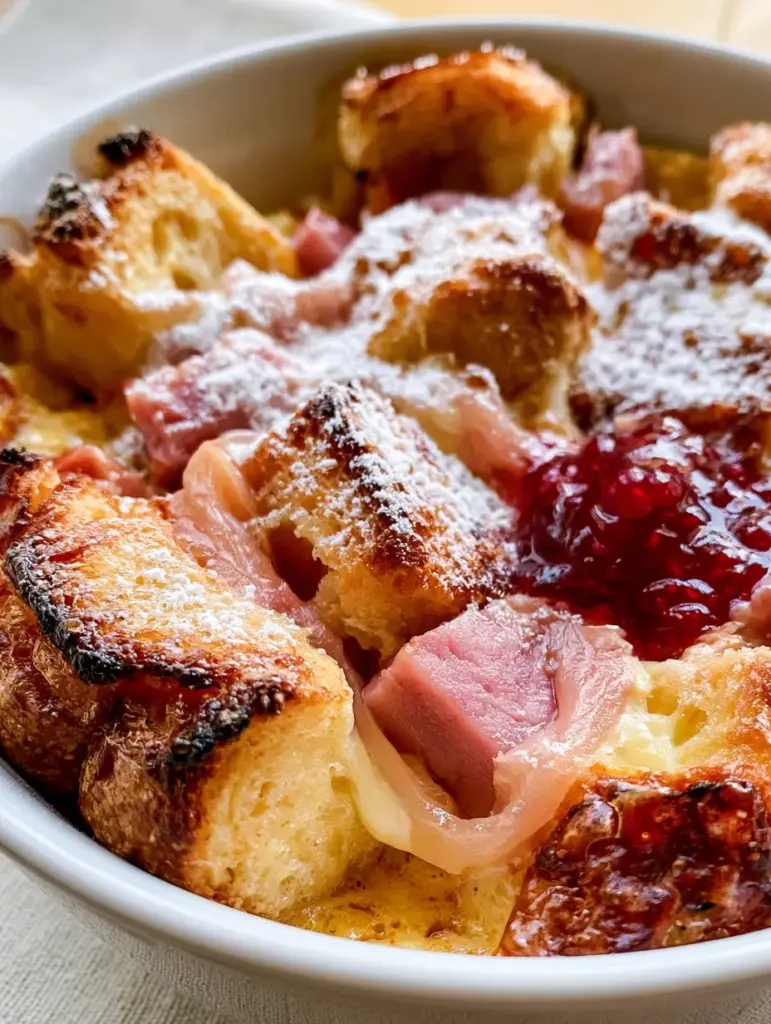 A handheld photo showing the crispy, slightly charred edges of brioche cubes in a Monte Cristo Breakfast Casserole.