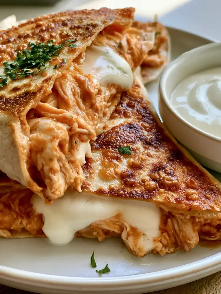 Chicken Quesadilla Recipe with Savory Orange Sauce and Crispy Flour Tortillas 1 Inside view of a Chicken Quesadilla featuring shredded chicken in orange sauce and gooey white mozzarella cheese.
