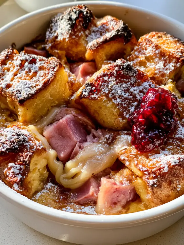 Close up of melted Swiss cheese ribbons and savory ham tucked between custard-soaked brioche bread.