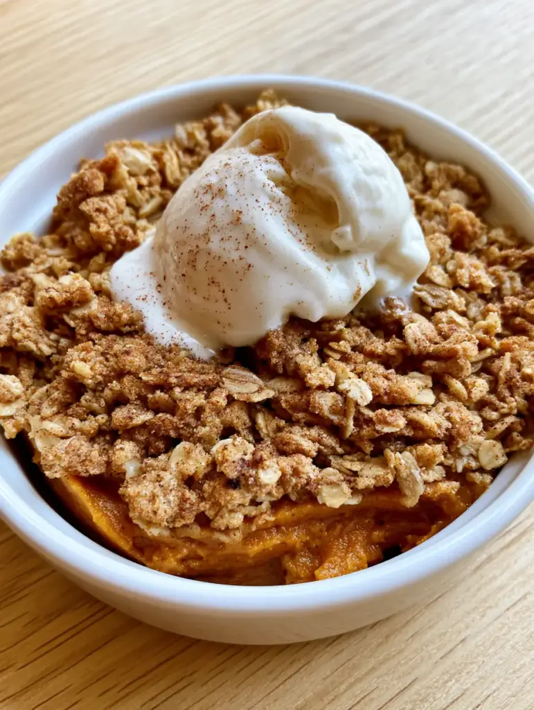 The Ultimate Pumpkin Crisp Recipe with Spiced Custard and Oat Streusel 1 Close-up of vanilla bean ice cream melting over the hot oat crumble of a freshly baked pumpkin crisp.