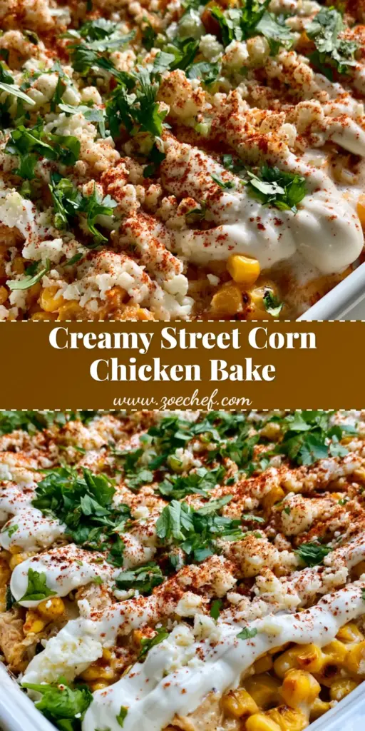 Street Corn Chicken Casserole Recipe (Easy Elote Style Bake) 4 A high-angle photo of Street Corn Chicken Casserole in a white dish with a heavy crema zigzag and red chili powder dusting.