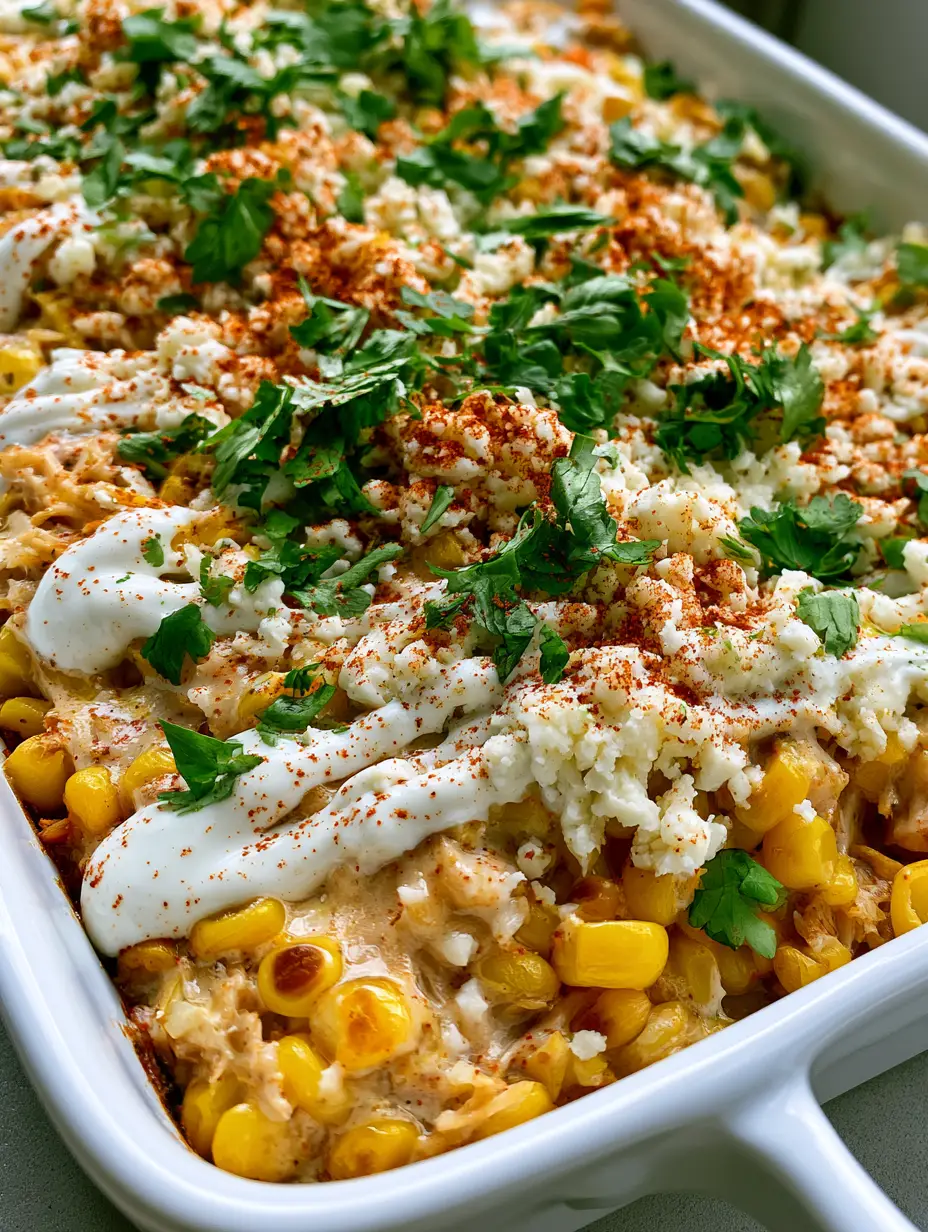 Street Corn Chicken Casserole Recipe (Easy Elote Style Bake) 3 Close-up of shredded chicken and charred corn kernels in a white ceramic dish for Street Corn Chicken Casserole.