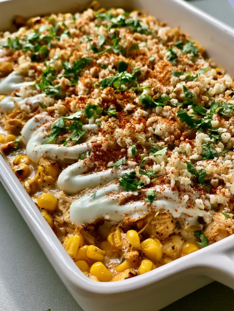 Street Corn Chicken Casserole Recipe (Easy Elote Style Bake) 1 Finished Street Corn Chicken Casserole topped with thick white crema drizzle, cotija cheese, and fresh cilantro.