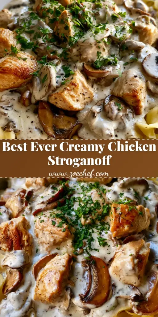A handheld smartphone photo of Creamy Chicken Stroganoff with golden chicken and mushrooms over wavy yellow noodles in a white bowl. (Creamy Chicken Stroganoff)