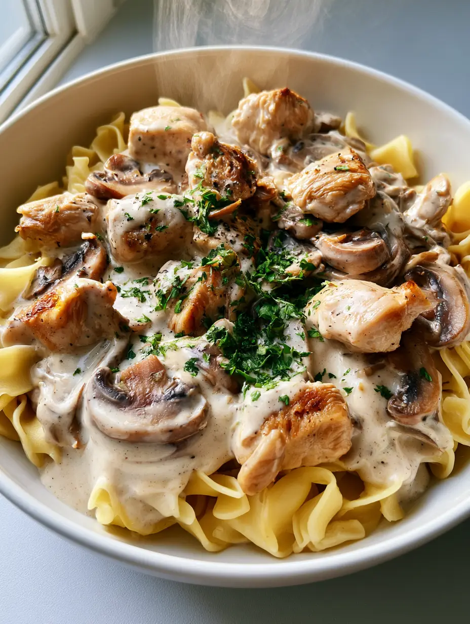 Close up of thick velvety garlic sauce and seared chicken pieces in a white bowl. (Creamy Chicken Stroganoff)