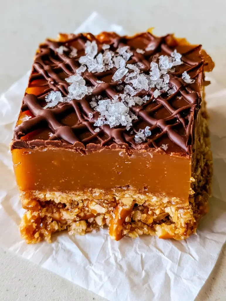 Macro shot of the dark chocolate drizzle and flaky sea salt on top of a dense caramel bar. (No-Bake Salted Caramel Pretzel Bars)
