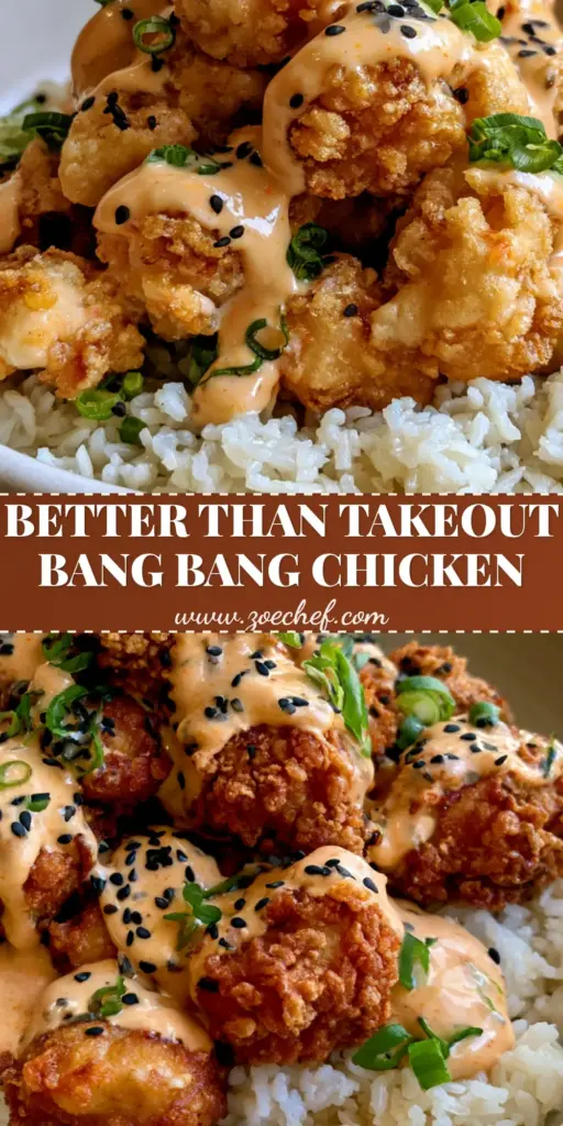 Bang Bang Chicken Recipe: Extra Crispy with Sweet & Spicy Sauce 4 A tall bowl of crispy Bang Bang Chicken drizzled with orange sauce over white rice. (Bang Bang Chicken Recipe)