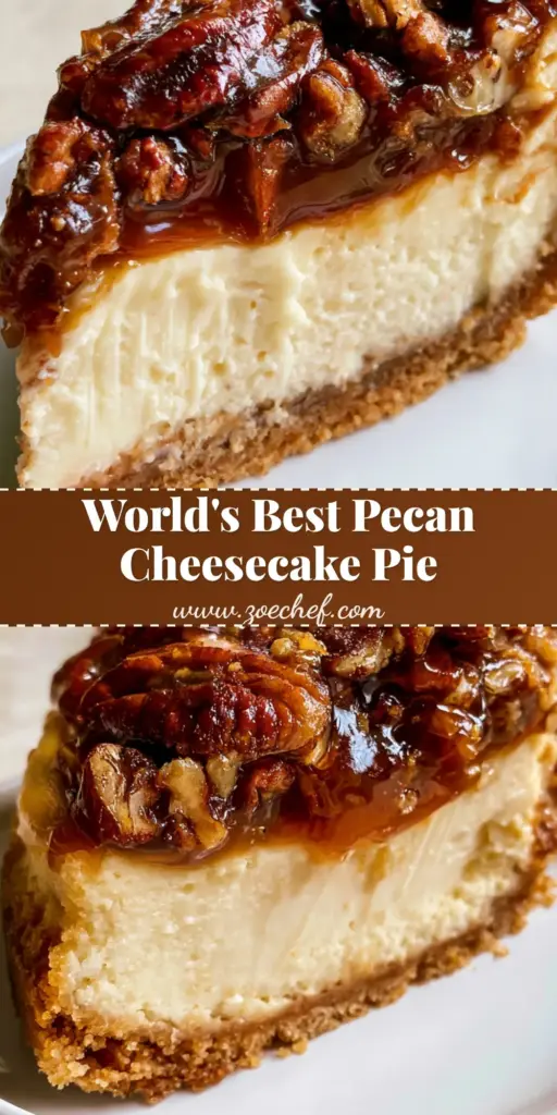 Pecan Cheesecake Pie with Dark Amber Caramel Glaze 4 A thick slice of Pecan Cheesecake Pie showing clean layers of golden crust, ivory cheesecake, and dark amber caramel pecans.