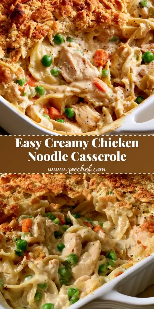 Chicken Noodle Casserole with Buttery Cracker Crust 4 A steaming scoop of Chicken Noodle Casserole in a white ceramic dish featuring wide egg noodles and a golden-brown cracker crust.