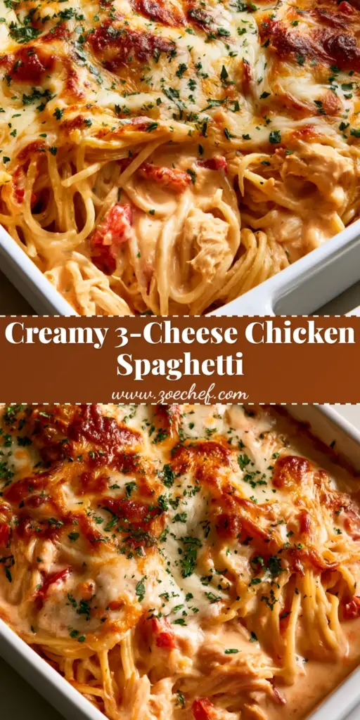 Chicken Spaghetti Casserole: The Ultimate Cheesy Comfort Food 3 A top-down angled view of a cheesy Chicken Spaghetti Casserole in a white ceramic dish with golden-brown toasted cheese and fresh parsley flakes.