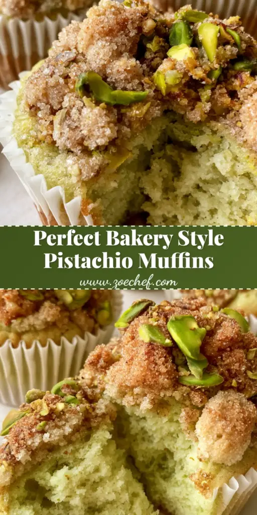 Pistachio Crunch Muffins with Golden Streusel Topping 4 A stack of freshly baked Pistachio Crunch Muffins with golden-brown streusel and bright green nuts in white liners.