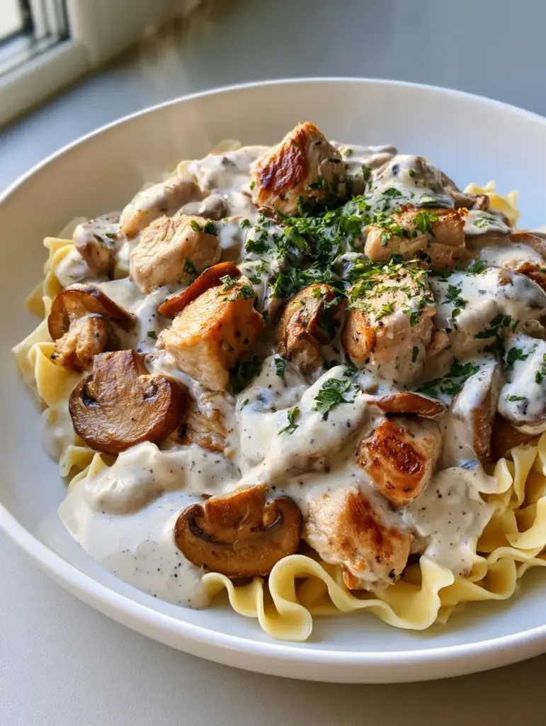 A top down view of Creamy Chicken Stroganoff garnished with fresh parsley and black pepper.