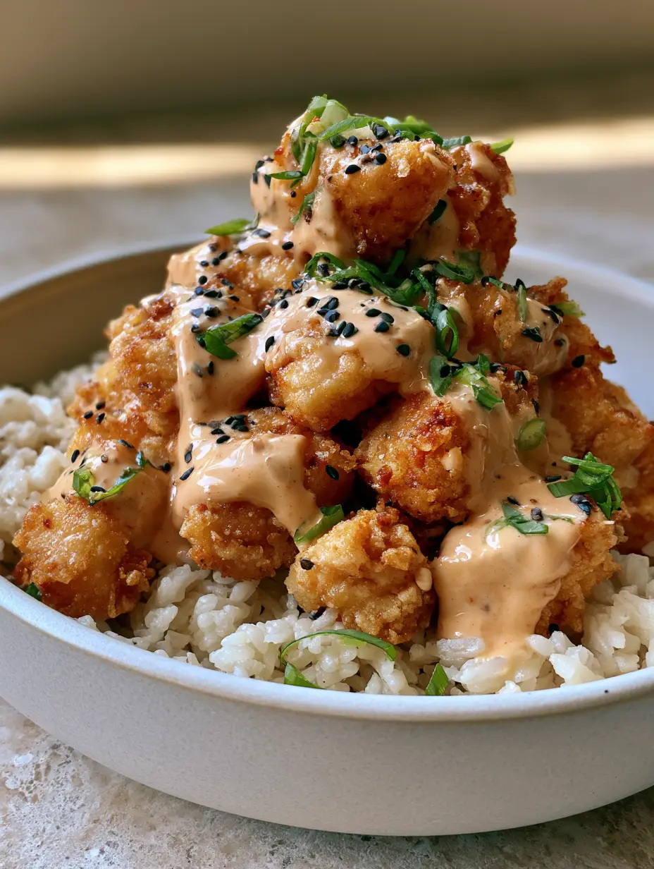 Bang Bang Chicken Recipe: Extra Crispy with Sweet & Spicy Sauce 3 Close-up of golden brown breaded chicken with creamy spicy sauce and sesame seeds. (Bang Bang Chicken Recipe)