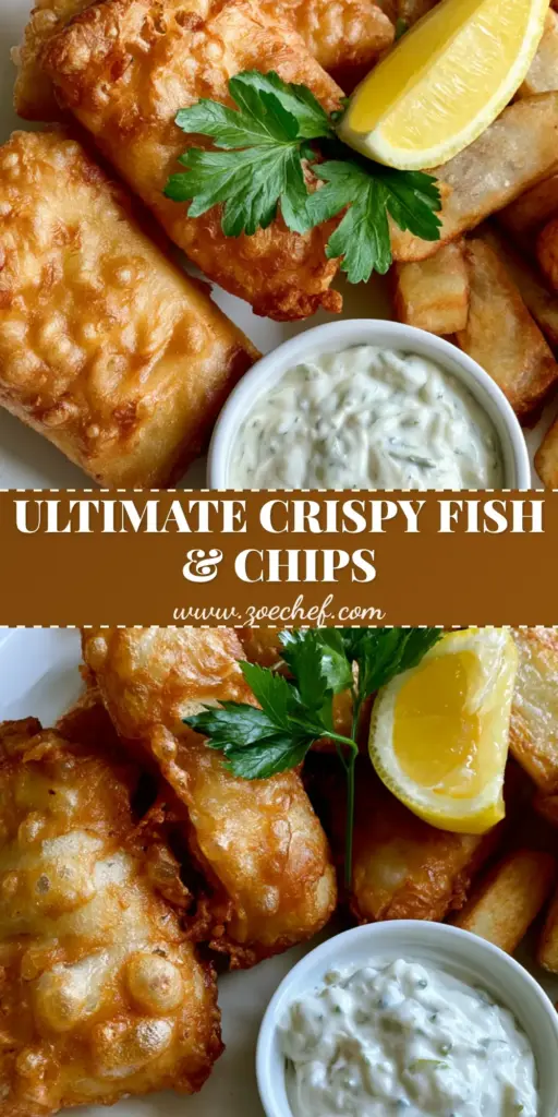Crispy Fish and Chips: The Ultimate Golden Battered Recipe 3 A close-up photo of three pieces of golden-brown Crispy Fish and Chips on a white plate with a side of thick fries and creamy tartar sauce.
