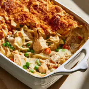Overhead view of a creamy Chicken Noodle Casserole with vibrant peas and carrots in a white ceramic dish.