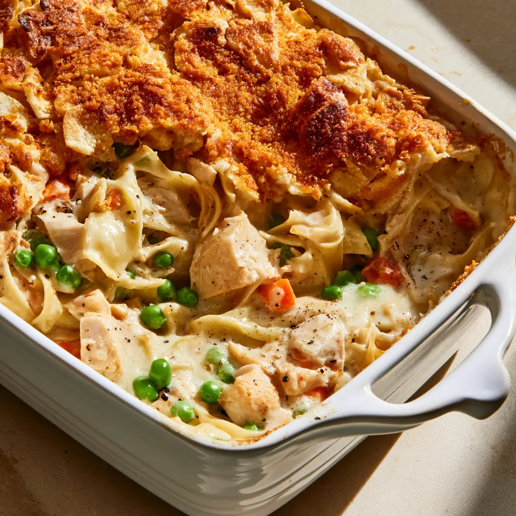 Overhead view of a creamy Chicken Noodle Casserole with vibrant peas and carrots in a white ceramic dish.