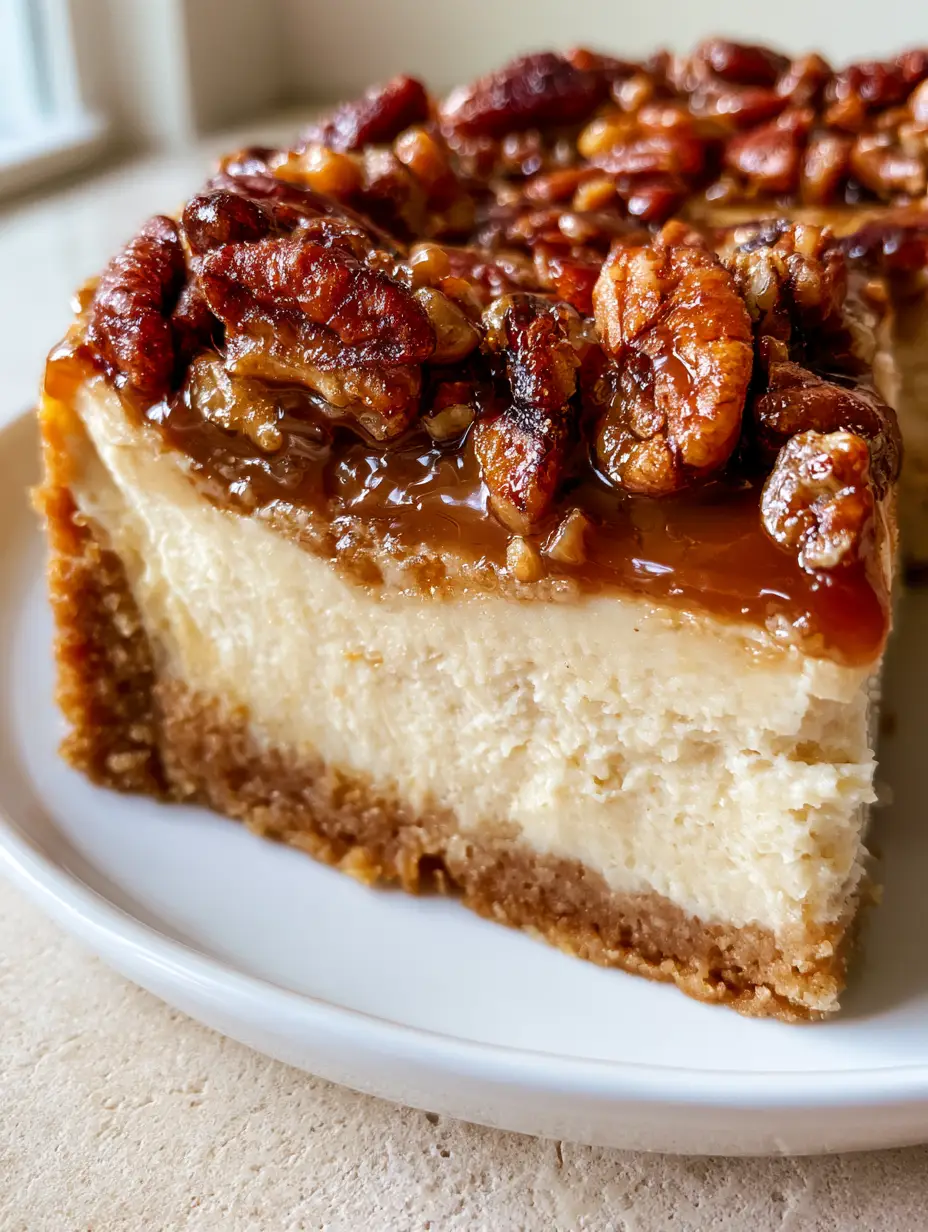 Pecan Cheesecake Pie with Dark Amber Caramel Glaze 3 Close-up side view of Pecan Cheesecake Pie layers: buttery crust, pale ivory cheesecake, and dark amber caramel glaze.