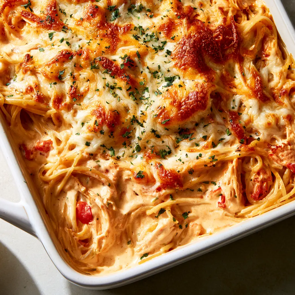 Close-up of shredded chicken and spaghetti noodles in a pale orange cheese sauce with red Rotel tomato chunks. (Chicken Spaghetti Casserole)