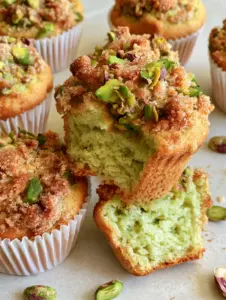 Handheld photo of a moist Pistachio Crunch Muffin split open to show the pale green internal sponge.
