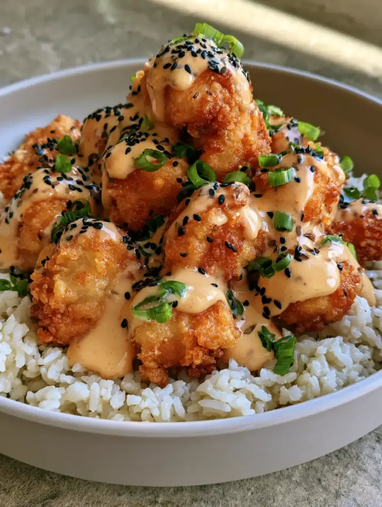 Bang Bang Chicken Recipe: Extra Crispy with Sweet & Spicy Sauce 1 A handheld smartphone photo of a Bang Bang Chicken bowl with fresh scallions and fluffy rice.