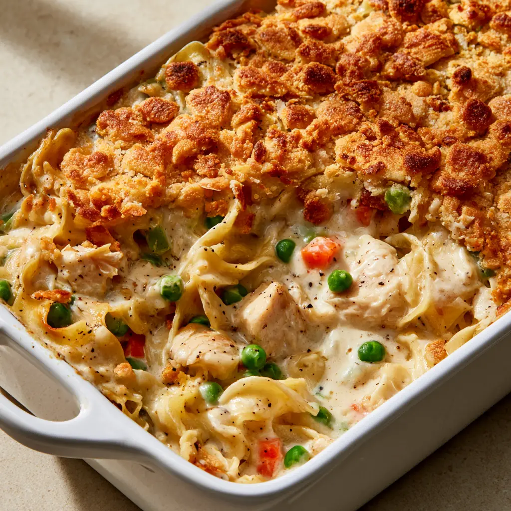 Chicken Noodle Casserole with Buttery Cracker Crust 1 Close up of the golden-brown buttery cracker topping on a Chicken Noodle Casserole.